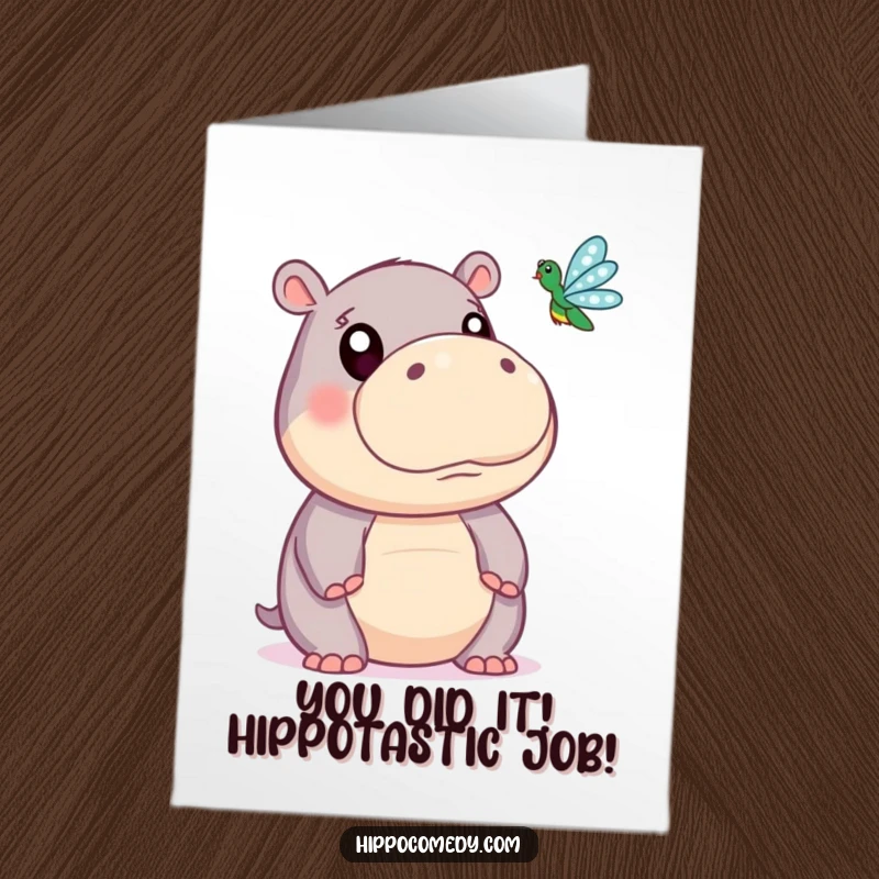 Funny Free Printable Congratulations Card: Cute Hippo Staring with Big Eyes at a Dragonfly, Expressing Surprise