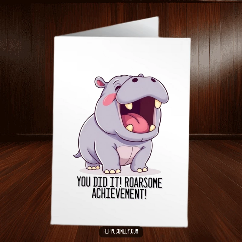 Funny Free Printable Congrats Card: Kawaii hippo yawning, a humorous and quirky way to say congratulations, print at home.