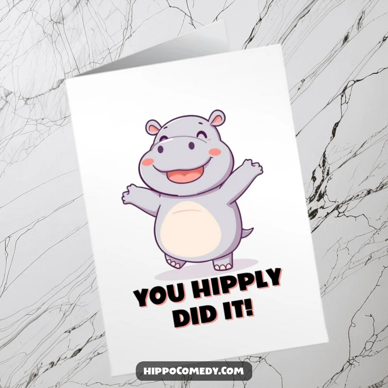 Funny free printable congratulations card: A happy hippo performs a funny little dance with its feet wiggling in celebration.
