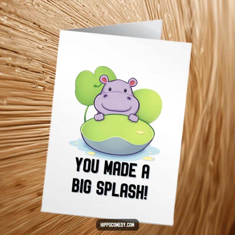 Funny free printable congratulations card featuring a hippo curiously peeking from behind a lily pad, a fun way to celebrate.