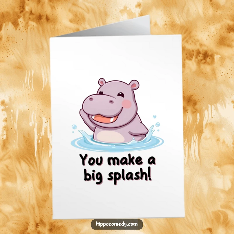 Funny Free Printable Congratulations Card: A joyful kawaii hippopotamus splashes exuberantly in water, displaying a huge happy grin.