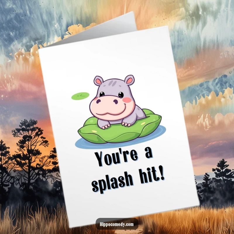 Funny Free Printable Congratulations Card: Kawaii hippopotamus with a silly expression, peeking from a lily pad, humorous celebratory download.