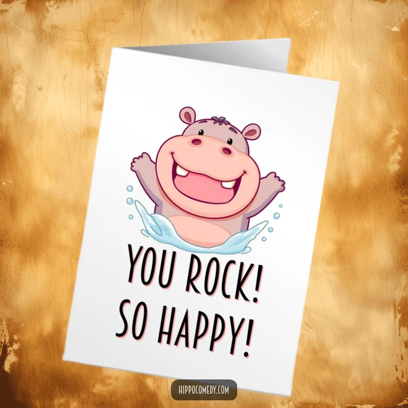 Funny Free Printable Congrats Card: A chubby hippo gleefully splashing with a wide, toothy grin, celebrating success.