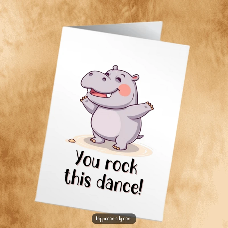 Funny Free Printable Congrats Card: A giggling hippo enthusiastically does a silly, joyful dance on the beach.