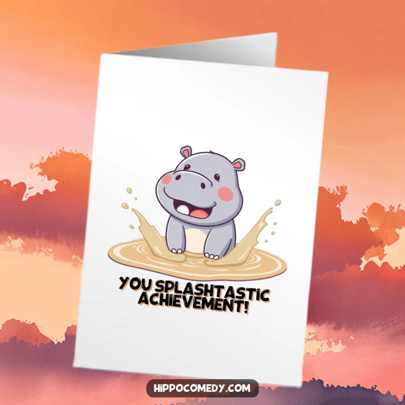 Funny free printable congratulations card with a cute kawaii hippo splashing with delight in a puddle.