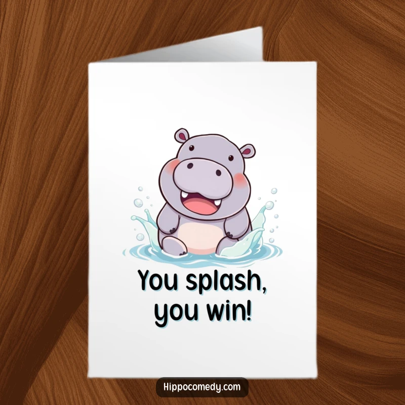Funny Free Printable Congratulations Card featuring a beaming chubby hippo splashing gleefully in brightly colored water.