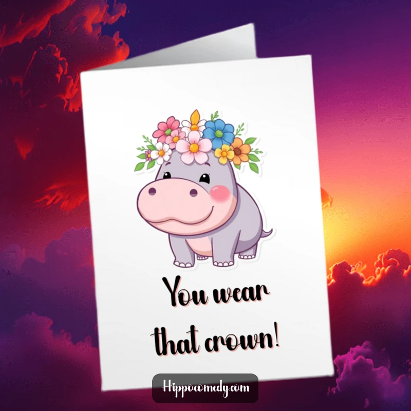 Funny Free Printable Congrats Card: A majestic hippo radiates pride, adorned with a magnificent flower crown.
