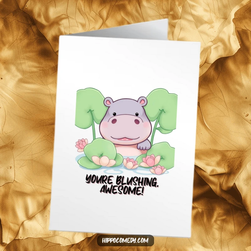 Funny Free Printable Congrats Card: A shyly blushing hippo peeks from behind lily pads.