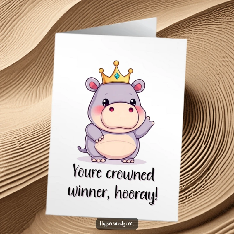 Funny Free Printable Congratulations Card: King hippo in a tiny crown striking a proud, hilarious pose for your celebration.
