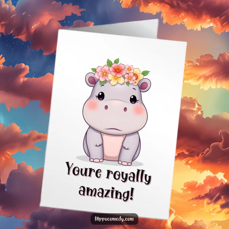 Funny Free Printable Congrats Card: A hippo adorned with a flower crown, celebrating your success.
