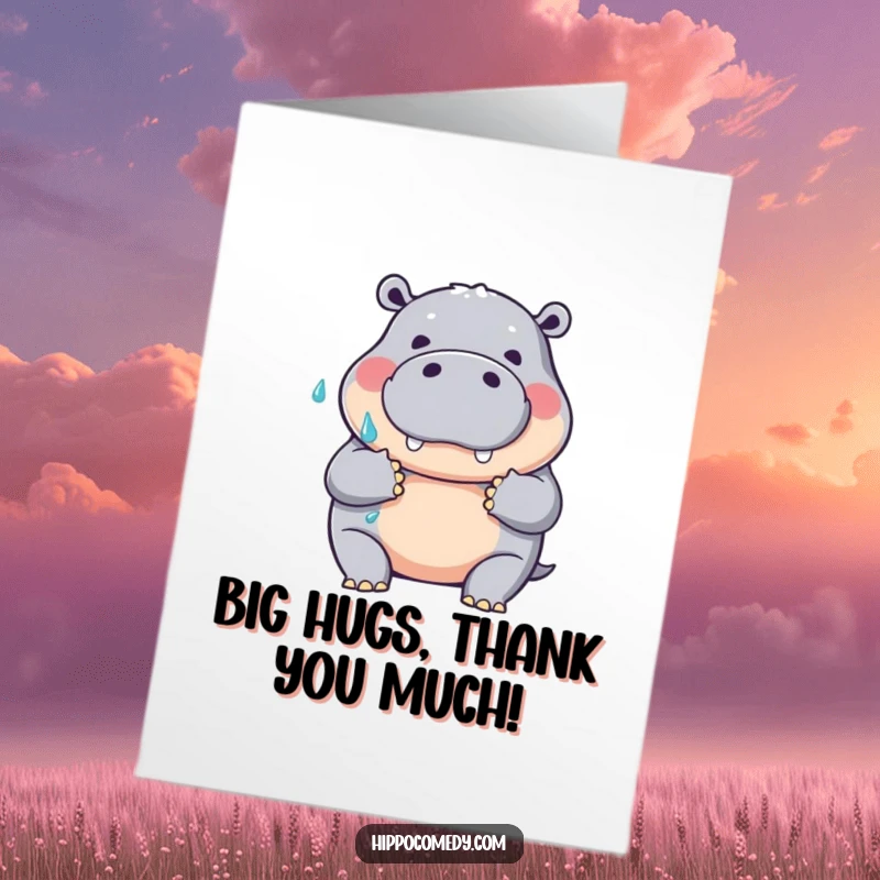 Funny Free Printable Thank You Card: A cheerful hippopotamus making a big gesture for a warm, enveloping hug.