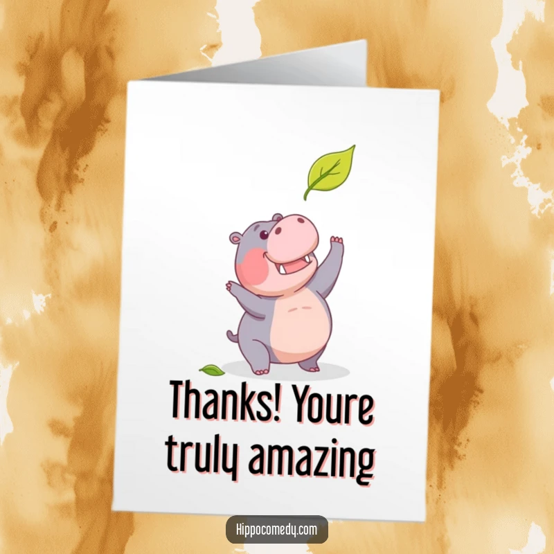 Funny Free Printable Thank You Card: A determined hippopotamus is actively trying to catch a falling leaf, showing great effort in this humorous appreciation card.