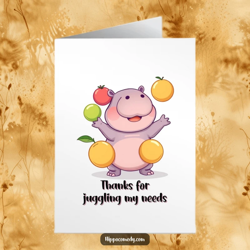Funny Free Printable Thank You Card: Kawaii hippo comically juggles fruit, expressing heartfelt thanks.