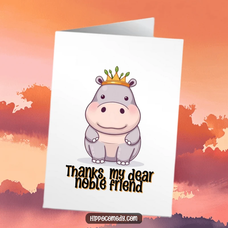 Funny Free Printable Thank You Card: A proud hippopotamus wears a small crown of reeds, conveying thanks with majestic and humorous grace.