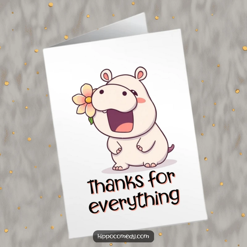 Funny free printable thank you card featuring a kawaii hippopotamus with a flower in its ear, yawning contentedly.