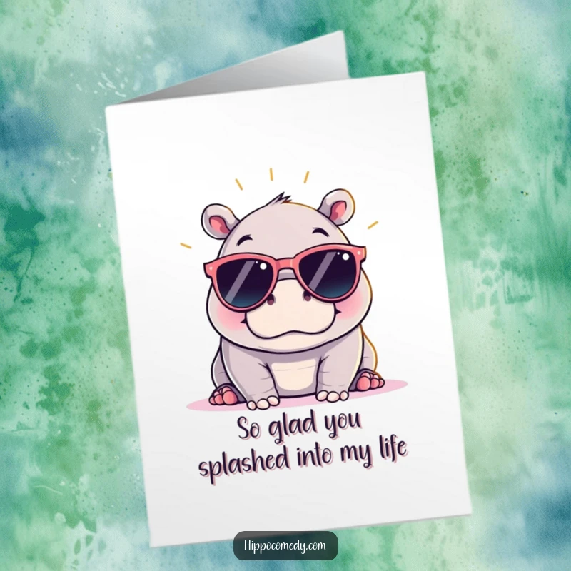 Funny Free Printable Thank You Card: Kawaii Hippo Wearing Sunglasses, Relaxing in the Sun.
