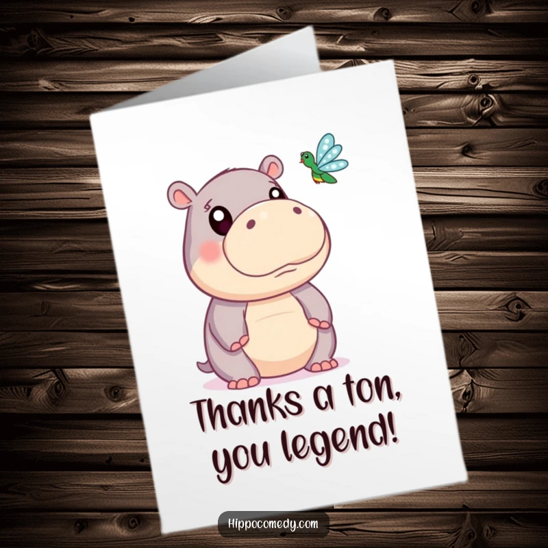 Funny Free Printable Thank You Card: Adorable Hippo with Wide Eyes Focused on a Delicate Dragonfly
