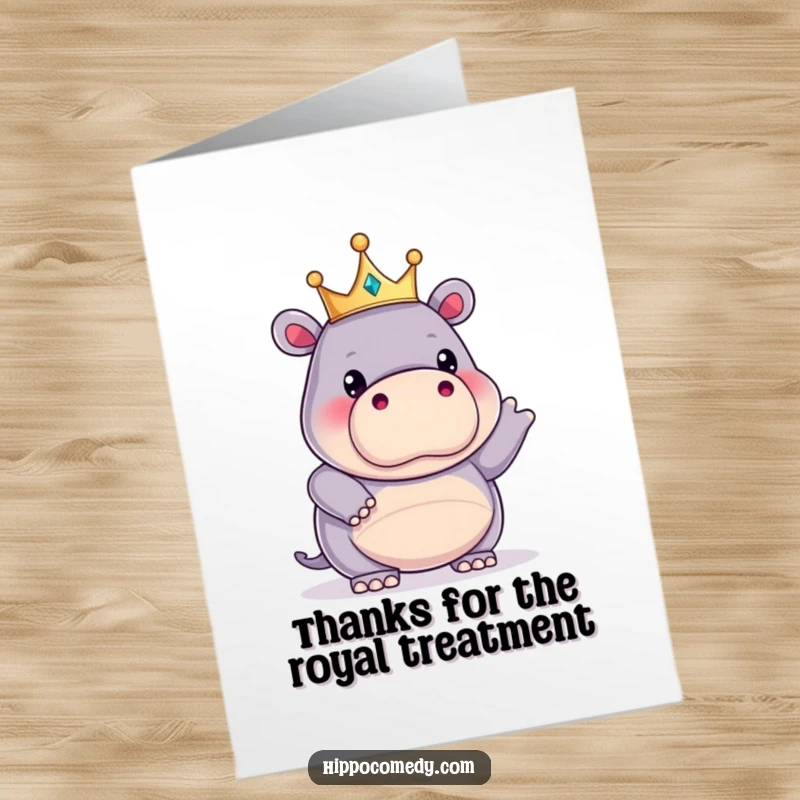 Funny Free Printable Thank You Card: Kawaii hippo wearing a crown, striking a funny pose to express thanks, a cute downloadable.