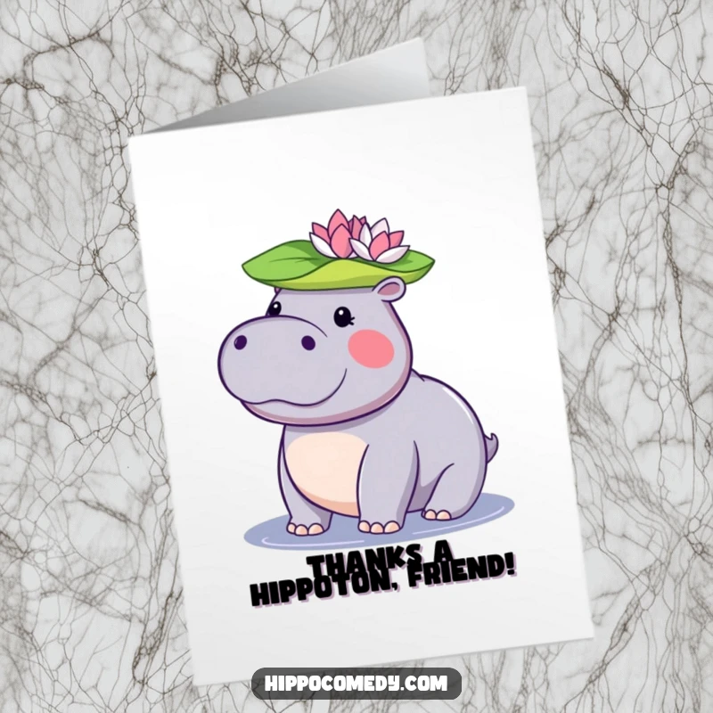 Funny Free Printable Thank You Card: Kawaii Hippo Balances Lily Pad Showing Deep Gratitude