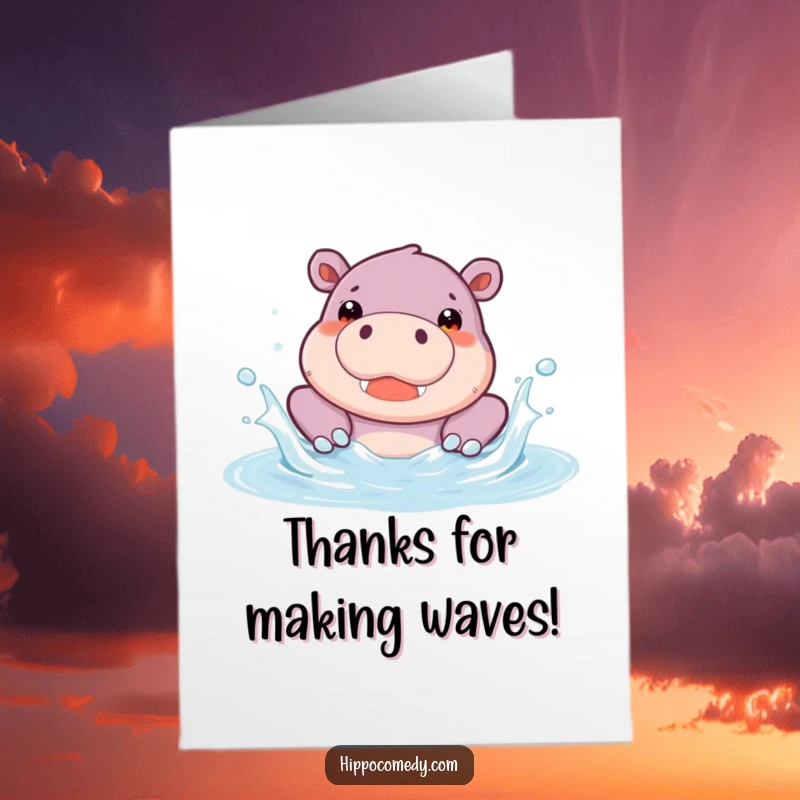Funny Free Printable Thank You Card: A cute hippopotamus happily splashing in a pool, sending thanks.