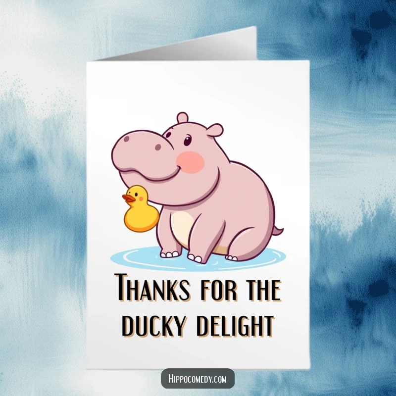 Funny Free Printable Thank You Card: A kawaii hippo looking with absolute delight at a little rubber ducky floating nearby.