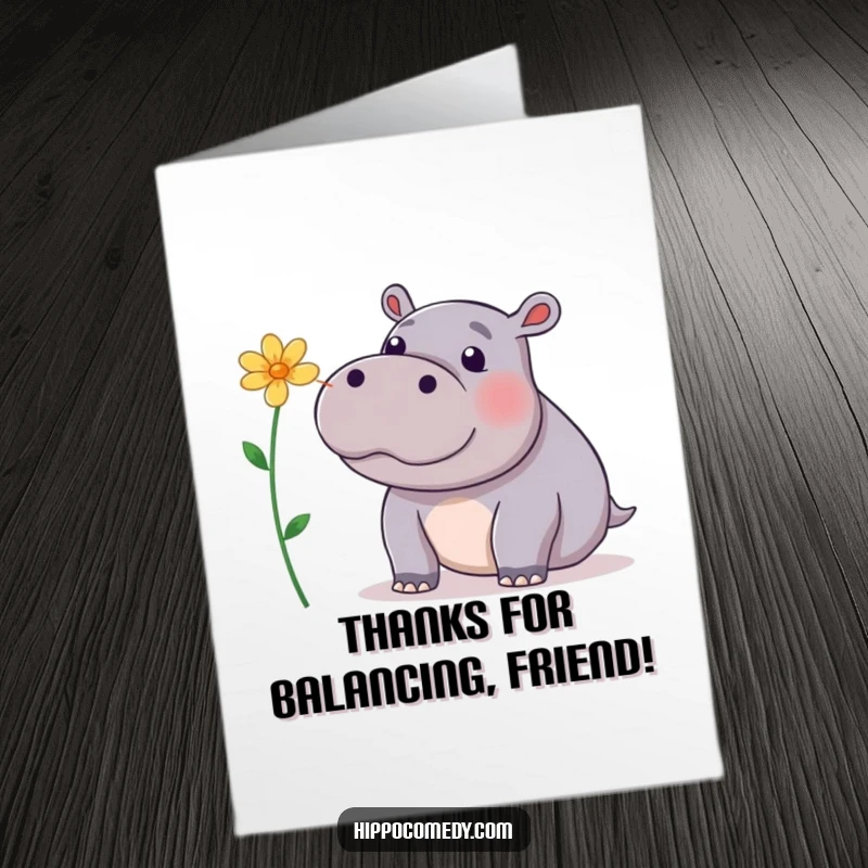 Funny Free Printable Thank You Card: A cute hippopotamus trying to balance a flower on its nose with focus.
