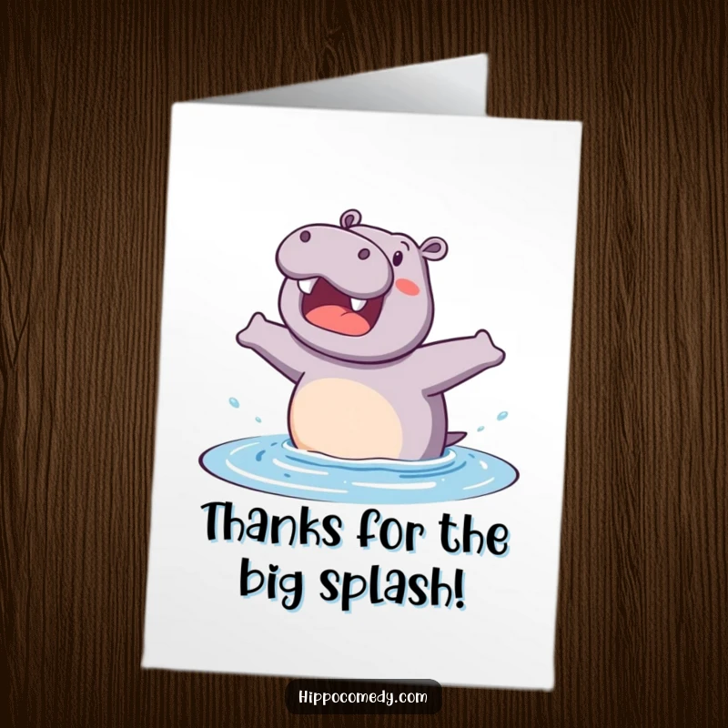 Funny Free Printable Thank You Card: Excited hippopotamus jumping to express immense gratitude with a big splashy gesture.