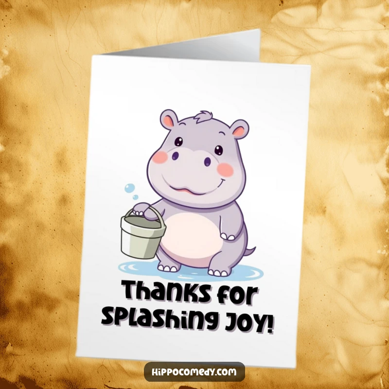 Funny Free Printable Thank You Card: A kawaii hippopotamus holding a bucket, playfully ready to give thanks.