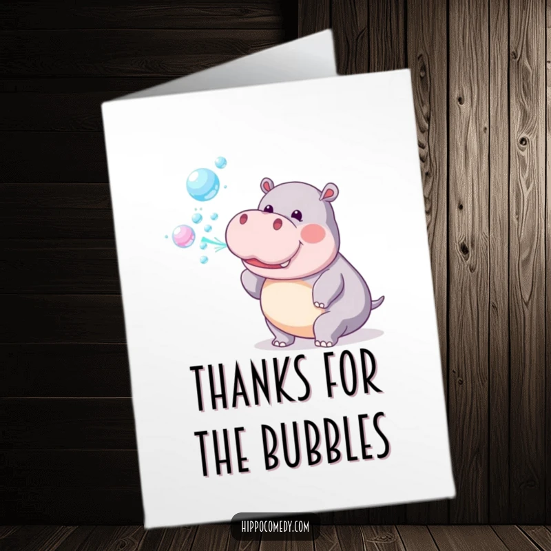 Funny Free Printable Thank You Card: A playful hippo blows a stream of iridescent rainbow bubbles as a token of thanks.