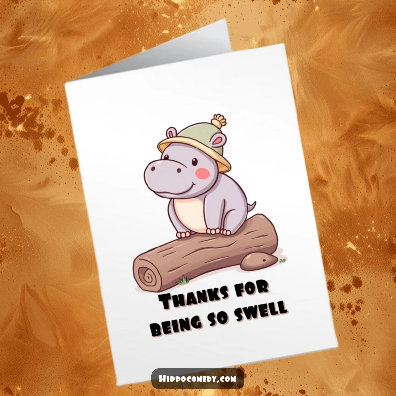 Funny Free Printable Thank You Card: Kawaii hippo wearing a tiny hat, balancing on a log, conveying thanks with dapper charm, print at home.
