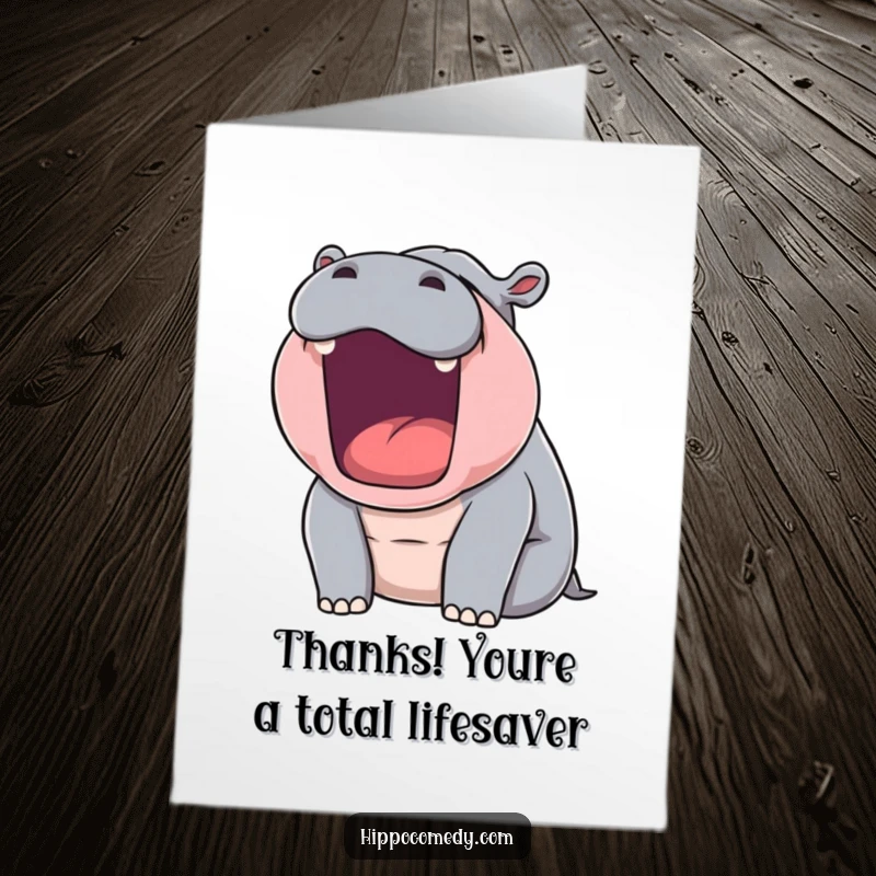 Funny Free Printable Thank You Card: A yawning hippopotamus conveys thanks with a massive, sleepy exhale, showing appreciation with humor.