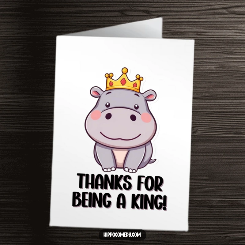 Funny Free Printable Thank You Card: A pleased hippo wearing a tiny crown offers thanks, downloadable appreciation art.