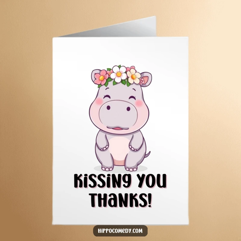 Funny free printable thank you card with a cute kawaii hippo in a flower crown blowing a kiss.