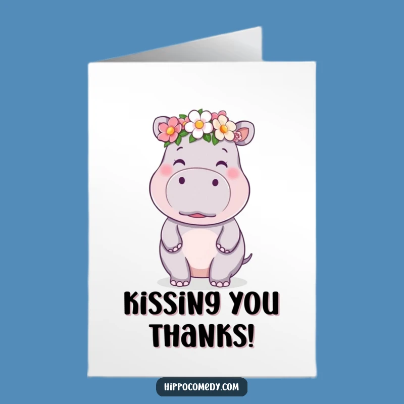 Free Printable Kawaii Hippo Thank You Card: Flower Kiss Gratitude