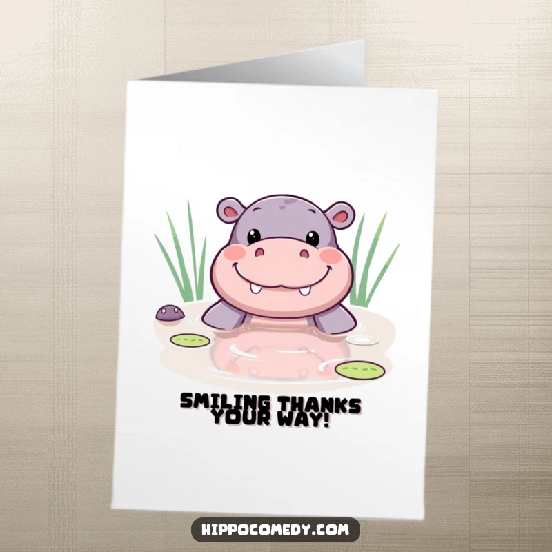 Funny free printable thank you card with a cute kawaii hippo peeking from a pond, smiling happily.