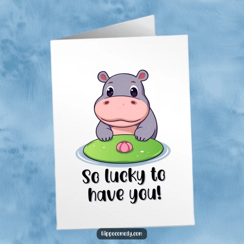Funny Free Printable Thank You Card with a hippo wide-eyed at a lily pad, a thoughtful and amusing way to thank someone.