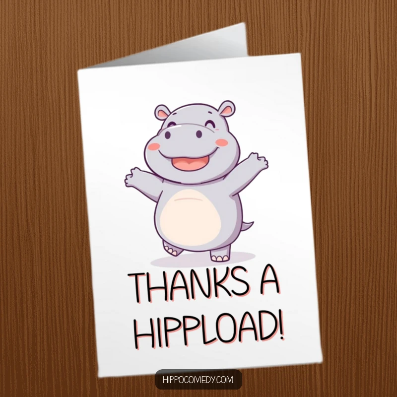 Funny free printable thank you card: A joyful hippo does a funny dance with wiggling feet, expressing thanks.