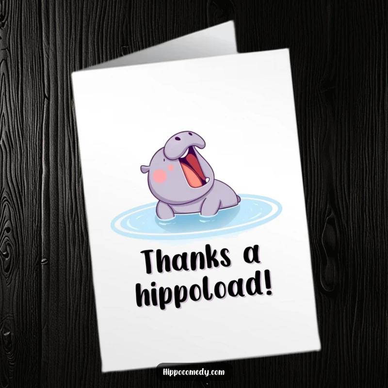 Funny Free Printable Thank You Card: A yawning hippo in a tranquil pond extends a humorous note of thanks, big sleepy smiles.