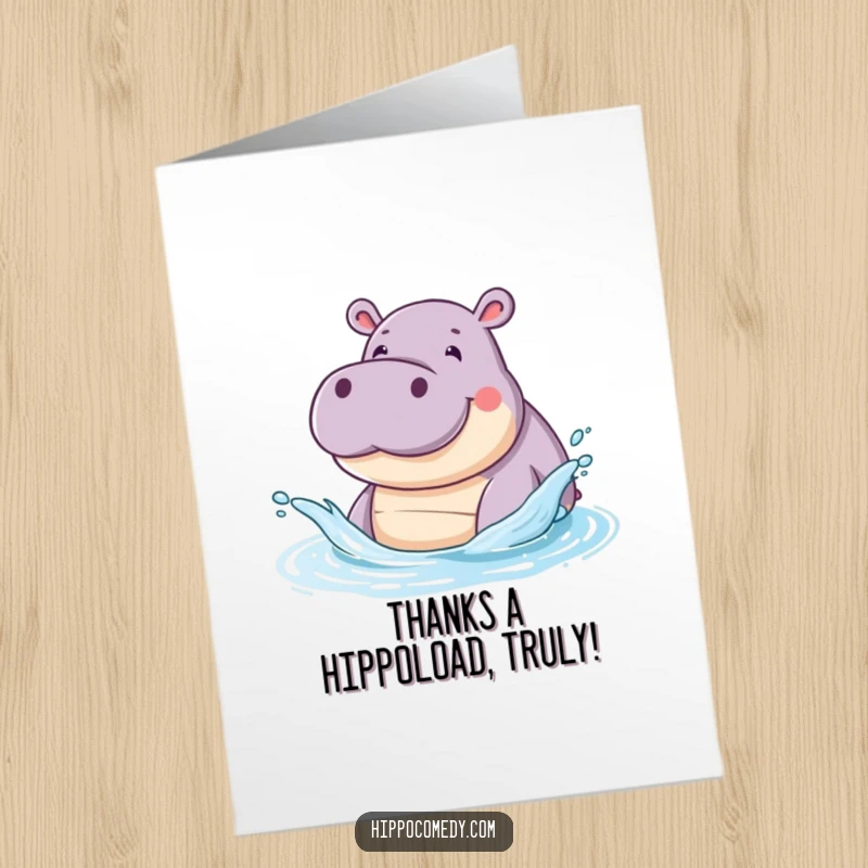 Funny Free Printable Thank You Card featuring a joyful hippo splashing, a wet and witty way to say thanks.