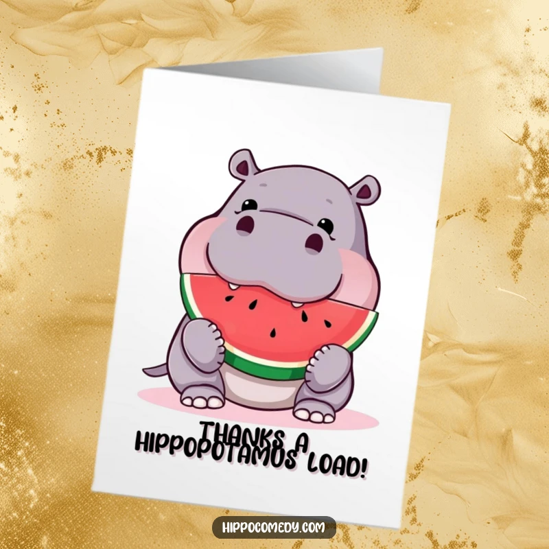 Funny Free Printable Thank You Card: A grateful and happy hippo relishes a large slice of watermelon with delight.