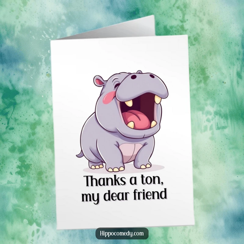 Funny Free Printable Thank You Card: Kawaii hippo yawning, conveying thanks with a touch of sleepy humor, ideal for print at home.