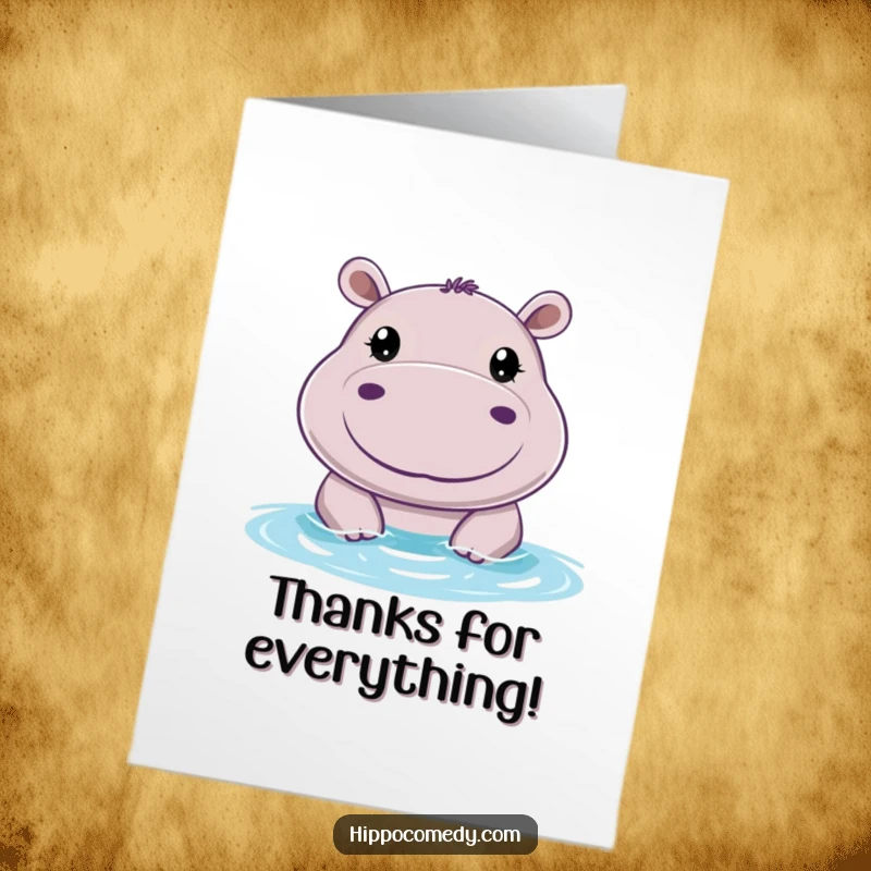 Funny Free Printable Thank You Card: A cheerful hippo with big, round eyes peeking from the water, conveying thanks.