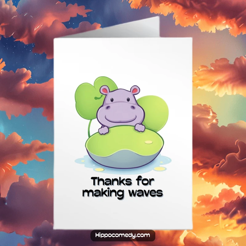 Funny free printable thank you card of a hippo peeking curiously from behind a lily pad, conveying thanks with humor.