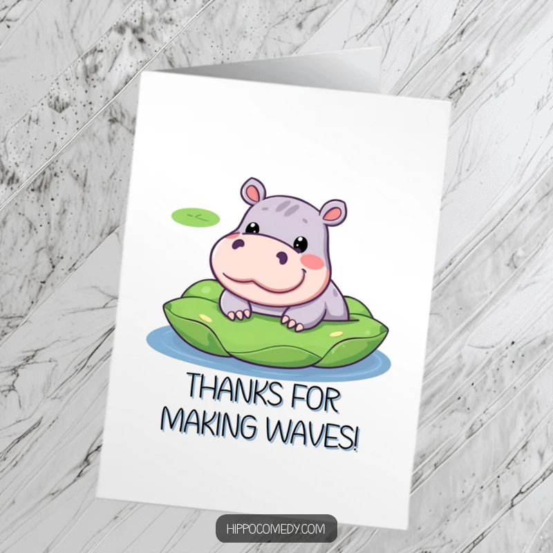 Funny Free Printable Thank You Card: Kawaii hippopotamus with a silly expression, peeking from a lily pad, humorous appreciation download.
