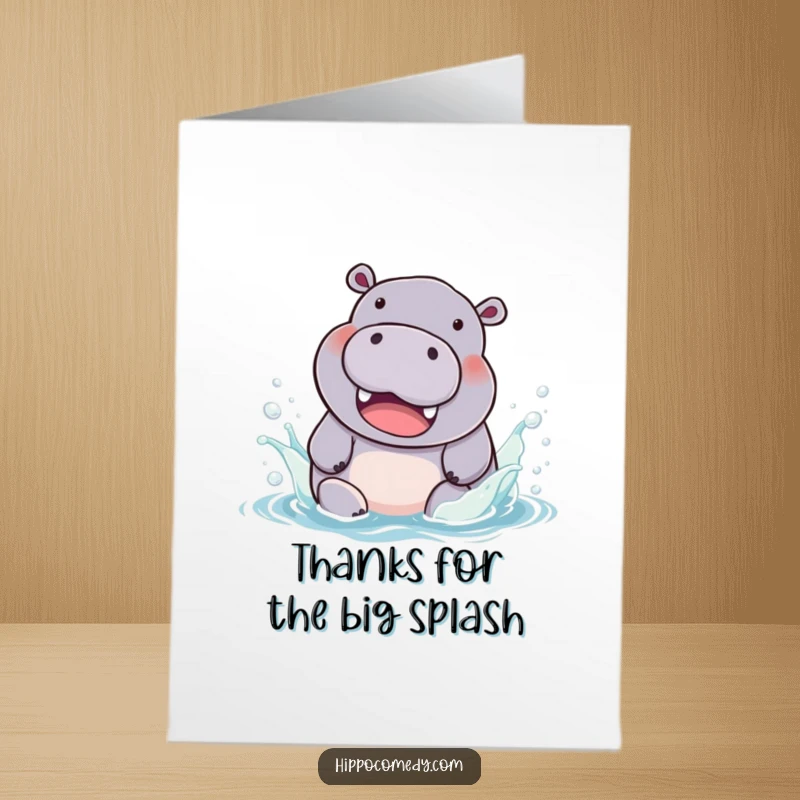 Funny Free Printable Thank You Card of a smiling hippo joyfully splashing in vivid, multi-colored water, showing thanks.