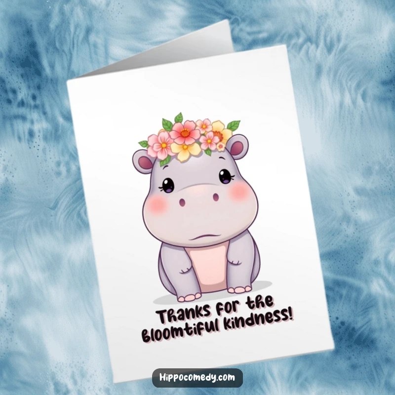 Funny Free Printable Thank You Card: A hippo in a flower crown, sending gentle thanks.