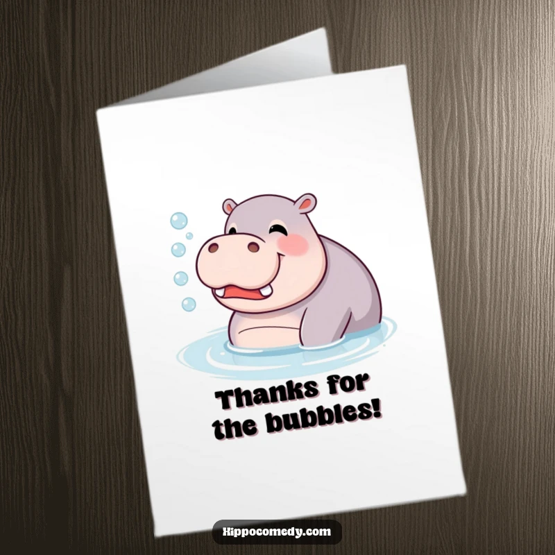 Funny Free Printable Thank You Card: A giggling hippopotamus joyfully blowing many bubbles in the clear water.
