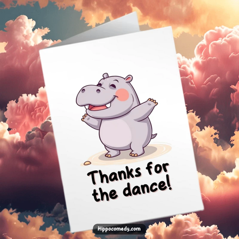 Funny Free Printable Thank You Card: A hippo beams with happiness while doing a silly celebratory dance on the shore.