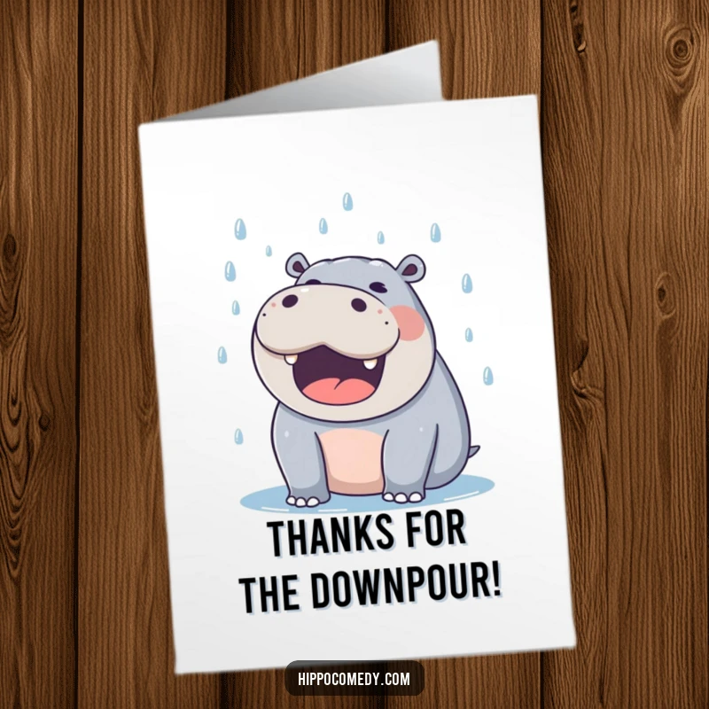 Funny Free Printable Thank You Card: A hippo happily catching raindrops with its mouth open, a quirky and joyous thank you design.