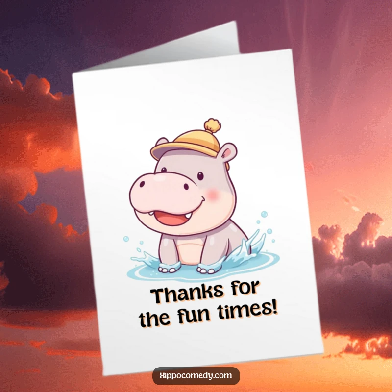 Funny Free Printable Thank You Card: Cute Hippo Cub in a Small Hat Doing a Silly Splash